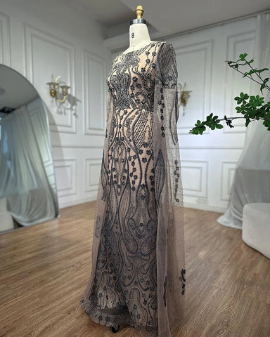 Brown Arabic Mermaid Elegant Cape Sleeves Sexy Evening Dresses Gowns 2025 Luxury Beaded For Women Party LA71832