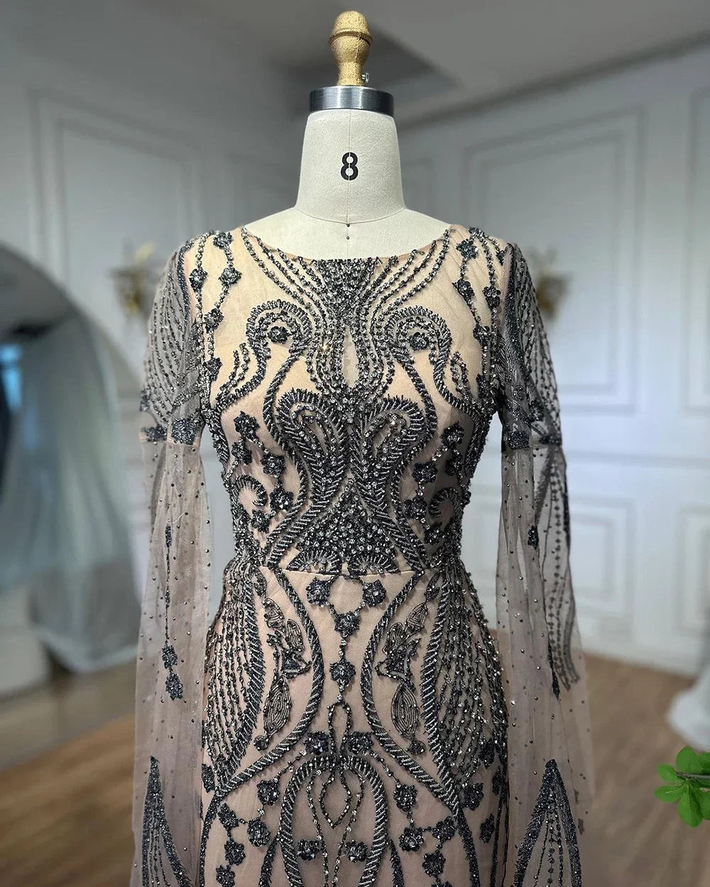 Brown Arabic Mermaid Elegant Cape Sleeves Sexy Evening Dresses Gowns 2025 Luxury Beaded For Women Party LA71832