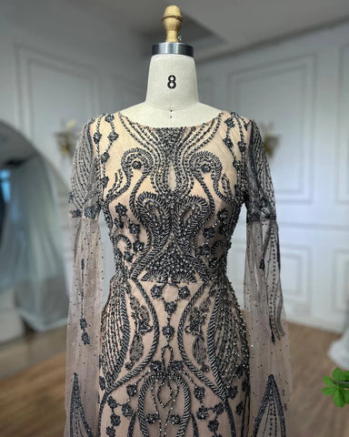 Brown Arabic Mermaid Elegant Cape Sleeves Sexy Evening Dresses Gowns 2025 Luxury Beaded For Women Party LA71832