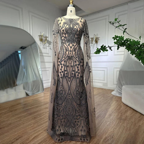 Brown Arabic Mermaid Elegant Cape Sleeves Sexy Evening Dresses Gowns 2025 Luxury Beaded For Women Party LA71832