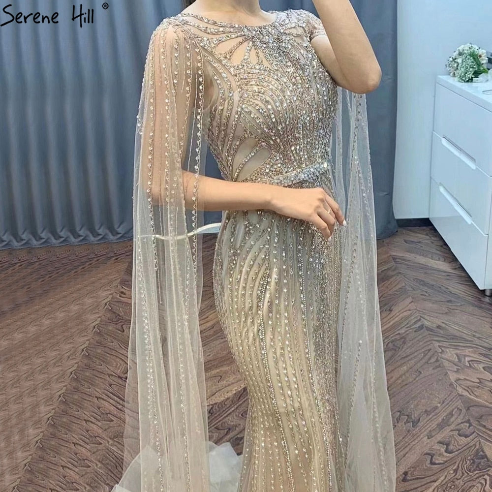 Brown Mermaid Elegant 2025 With Cape Sleeves Beaded Luxury Evening Dresses Gowns For Women Party LA70638