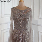Brown Mermaid Elegant 2025 With Cape Sleeves Beaded Luxury Evening Dresses Gowns For Women Party LA70638
