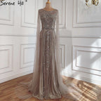 Brown Mermaid Elegant 2025 With Cape Sleeves Beaded Luxury Evening Dresses Gowns For Women Party LA70638