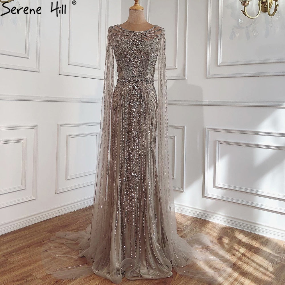Brown Mermaid Elegant 2025 With Cape Sleeves Beaded Luxury Evening Dresses Gowns For Women Party LA70638