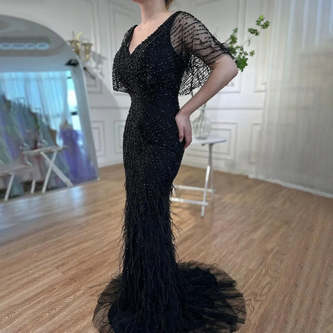 Brown Mermaid Luxury Evening Dresses Gowns 2025 Beaded Feather Elegant For Woman Party LA71323