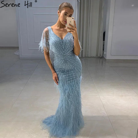 Brown Mermaid Luxury Evening Dresses Gowns 2025 Beaded Feather Elegant For Woman Party LA71323
