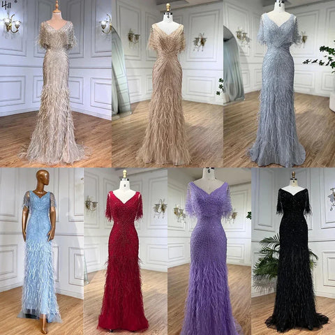Brown Mermaid Luxury Evening Dresses Gowns 2025 Beaded Feather Elegant For Woman Party LA71323