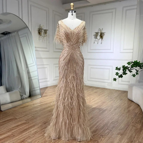 Brown Mermaid Luxury Evening Dresses Gowns 2025 Beaded Feather Elegant For Woman Party LA71323