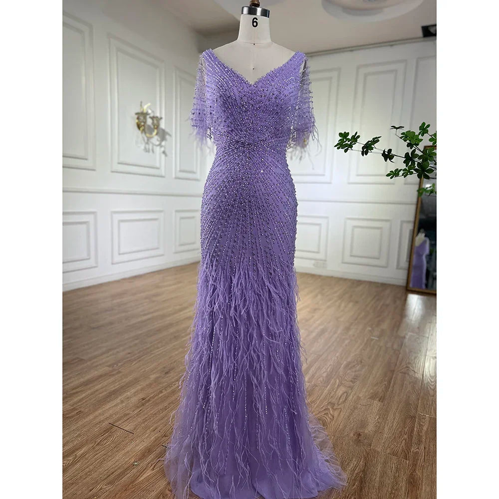 Brown Mermaid Luxury Evening Dresses Gowns 2025 Beaded Feather Elegant For Woman Party LA71323