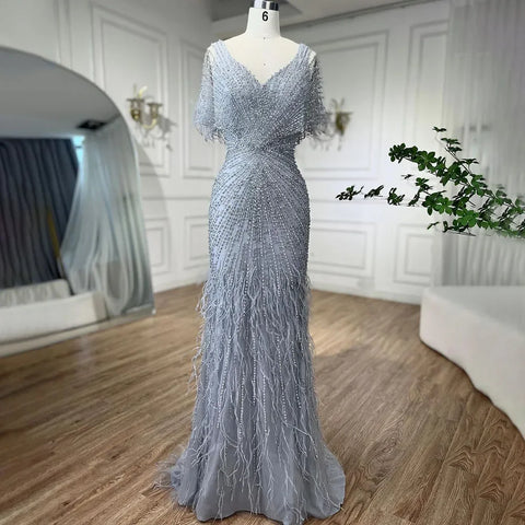 Brown Mermaid Luxury Evening Dresses Gowns 2025 Beaded Feather Elegant For Woman Party LA71323