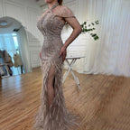 On Sale no return no refund Carame Mermaid Sleeveless Sexy High Split Beaded Feathers Evening Dresses Gowns For Women Wedding Party 2025 LA72132