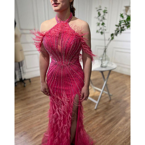 Robe de soirée sirène sans manches, sexy, fendue, perles et plumes, en solde, sans retour ni remboursement, pour femme, tenue de mariage, 2025, LA72132 