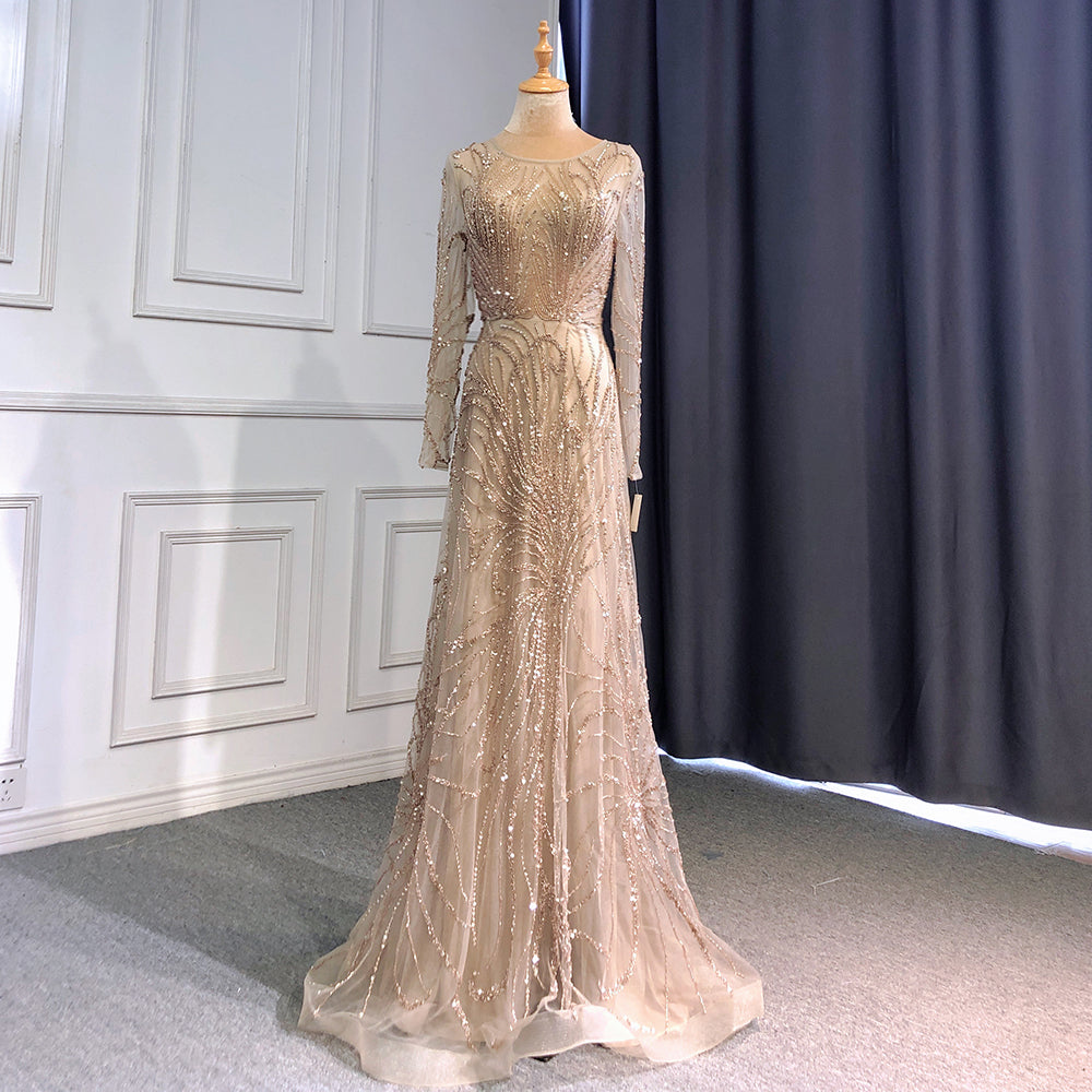 Caramel A-Line Luxury Evening Dresses Gowns 2025 O-Neck Long Sleeve Beaded For Women Party LA71667