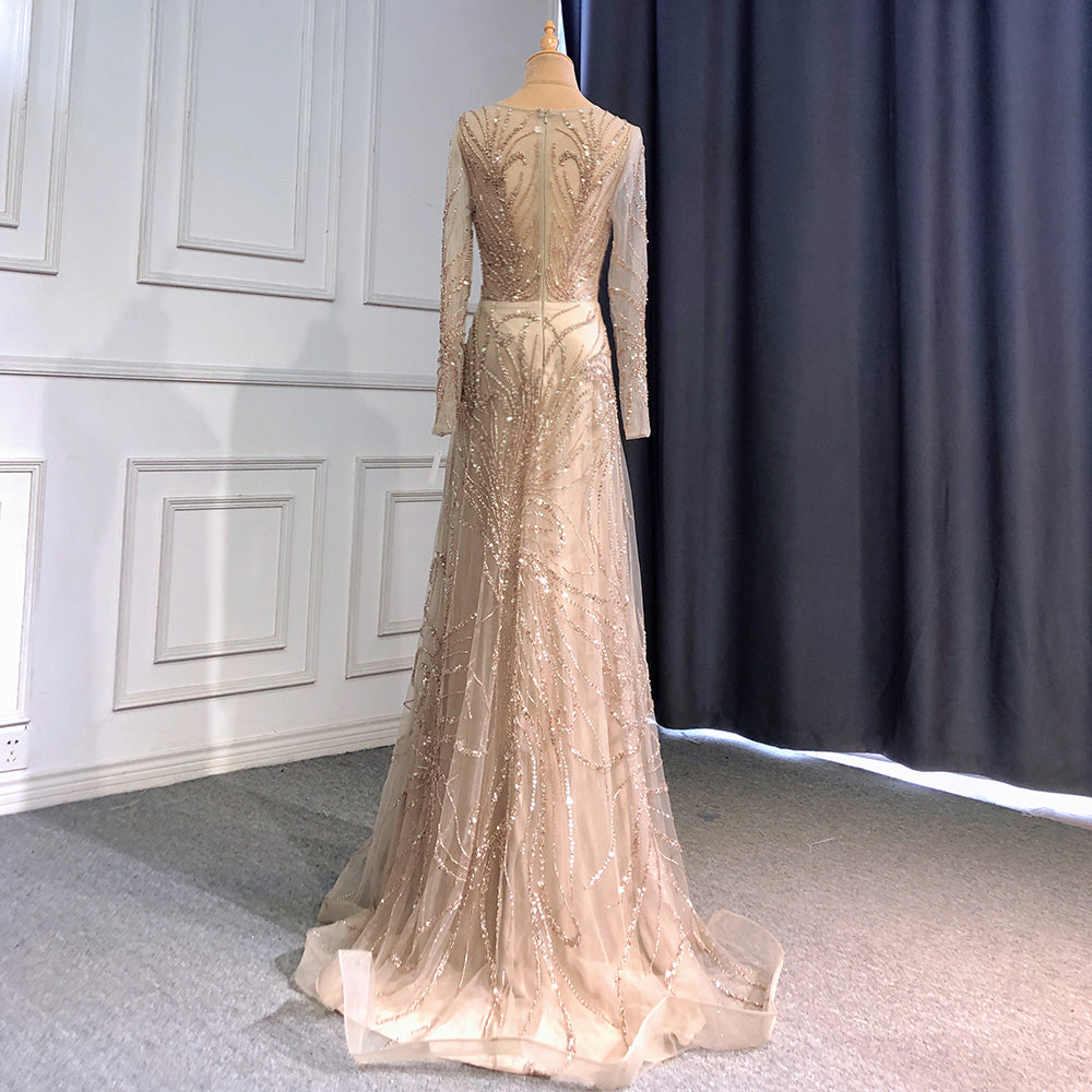 Caramel A-Line Luxury Evening Dresses Gowns 2025 O-Neck Long Sleeve Beaded For Women Party LA71667