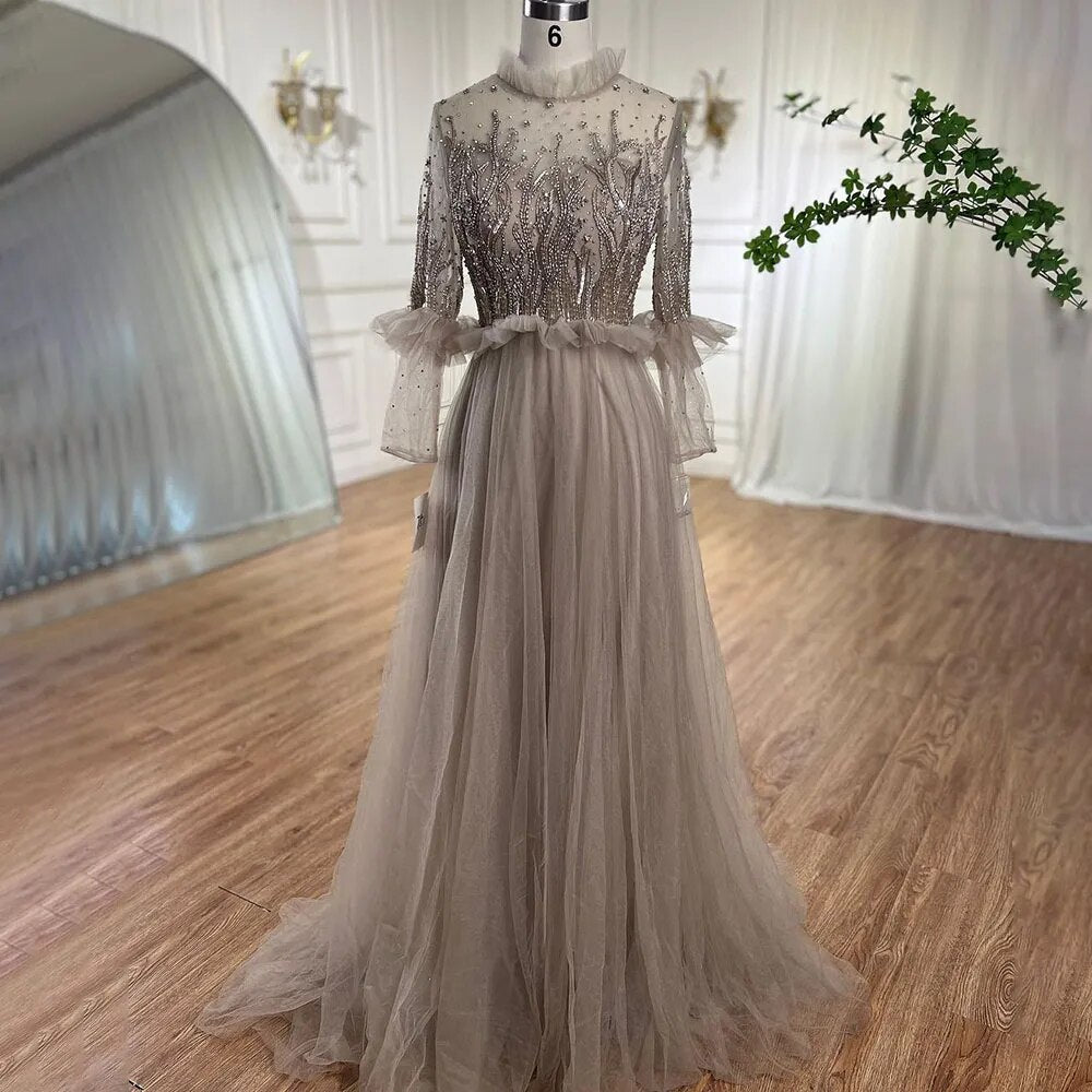 Caramel A Line O Neck Beaded Crystal Evening Dresses Gowns Long Sleeves For Woman Wedding Party 2025 LA70147
