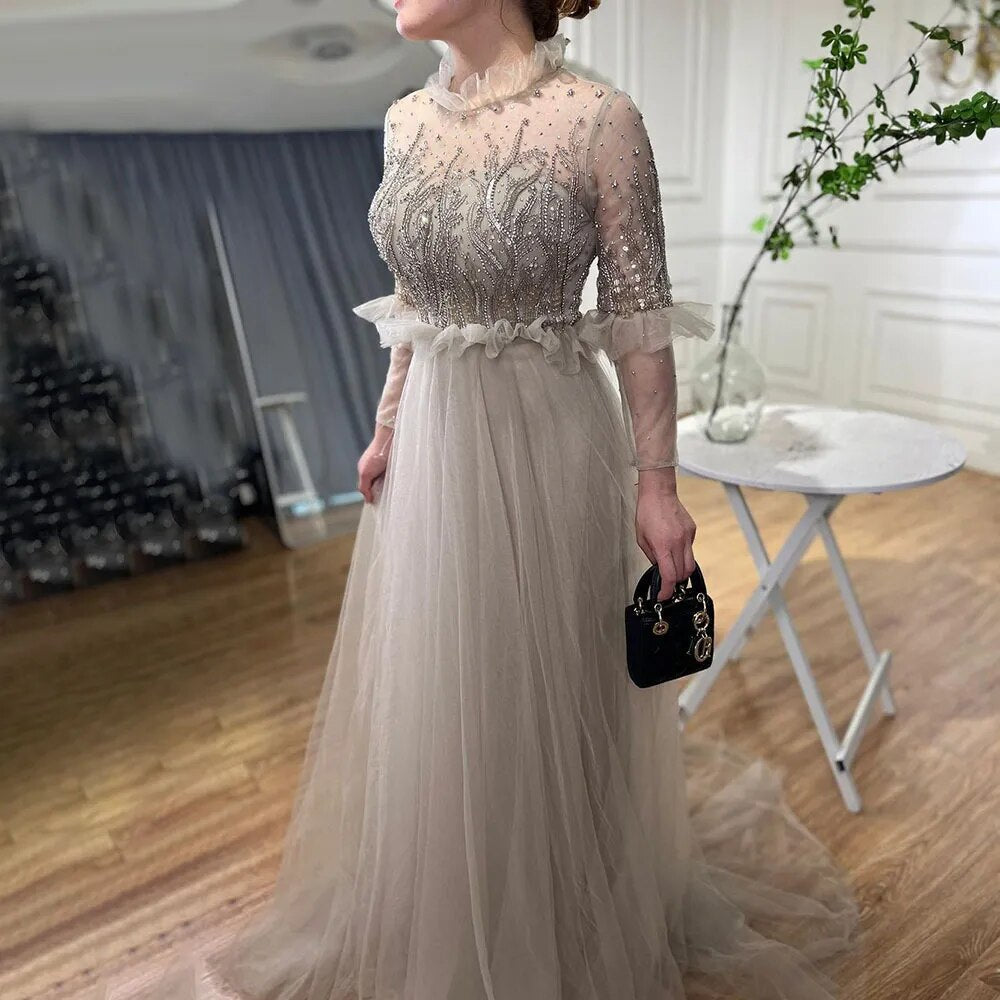 Caramel A Line O Neck Beaded Crystal Evening Dresses Gowns Long Sleeves For Woman Wedding Party 2025 LA70147