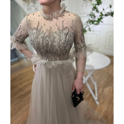 Caramel A Line O Neck Beaded Crystal Evening Dresses Gowns Long Sleeves For Woman Wedding Party 2025 LA70147