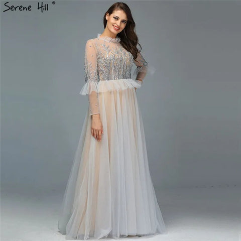 Caramel A Line O Neck Beaded Crystal Evening Dresses Gowns Long Sleeves For Woman Wedding Party 2025 LA70147