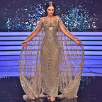 Caramel Cape Sleeves Mermaid Evening Dresses Luxury Beaded Party Gowns 2025 For Women LA72053