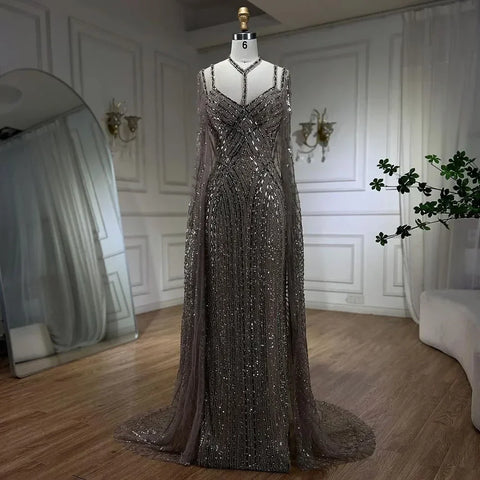 Caramel Cape Sleeves Mermaid Evening Dresses Luxury Beaded Party Gowns 2025 For Women LA72053