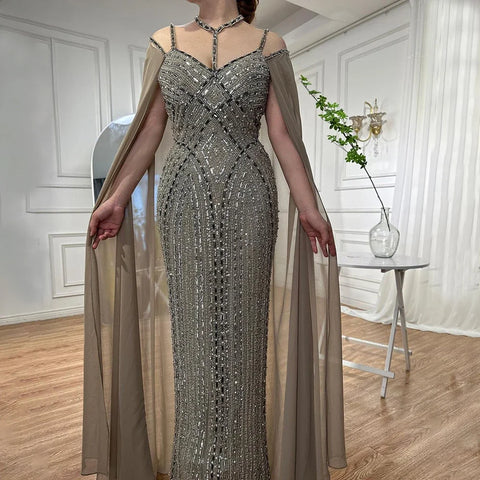 Caramel Cape Sleeves Mermaid Evening Dresses Luxury Beaded Party Gowns 2025 For Women LA72053
