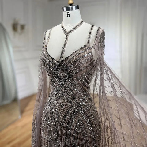 Caramel Cape Sleeves Mermaid Evening Dresses Luxury Beaded Party Gowns 2025 For Women LA72053