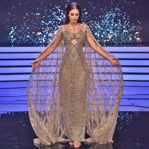 Caramel Cape Sleeves Mermaid Evening Dresses Luxury Beaded Party Gowns 2025 For Women LA72053