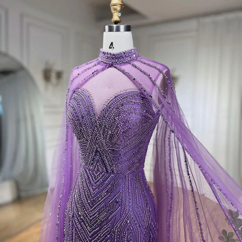 Caramel Cape Sleeves Mermaid High Split Beaded Evening Dresses Long Celebrity Gowns For Woman Party LA72233