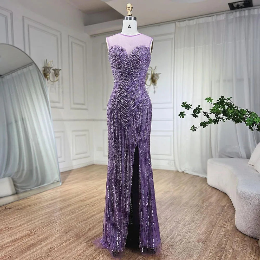 Caramel Cape Sleeves Mermaid High Split Beaded Evening Dresses Long Celebrity Gowns For Woman Party LA72233