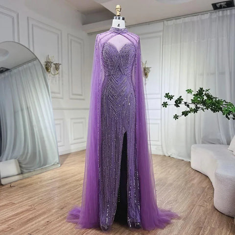 Caramel Cape Sleeves Mermaid High Split Beaded Evening Dresses Long Celebrity Gowns For Woman Party LA72233