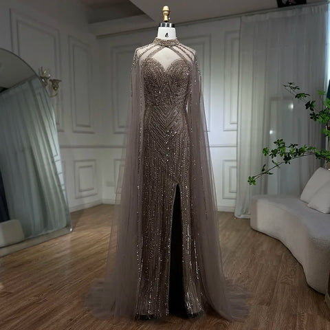 Caramel Cape Sleeves Mermaid High Split Beaded Evening Dresses Long Celebrity Gowns For Woman Party LA72233