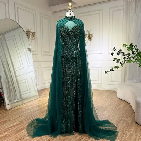 Caramel Cape Sleeves Mermaid High Split Beaded Evening Dresses Long Celebrity Gowns For Woman Party LA72233