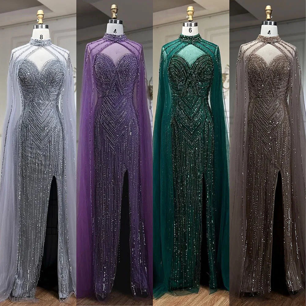 Caramel Cape Sleeves Mermaid High Split Beaded Evening Dresses Long Celebrity Gowns For Woman Party LA72233