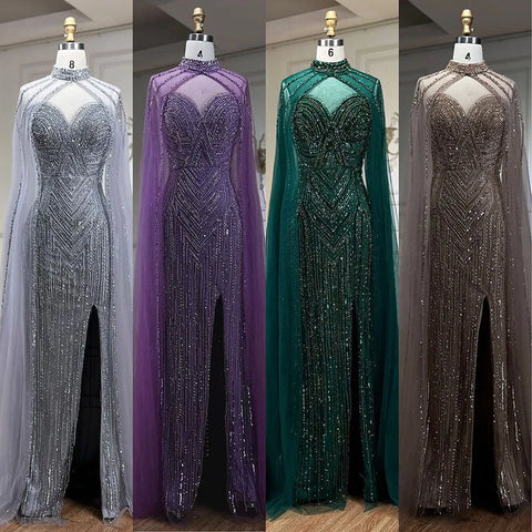 Caramel Cape Sleeves Mermaid High Split Beaded Evening Dresses Long Celebrity Gowns For Woman Party LA72233