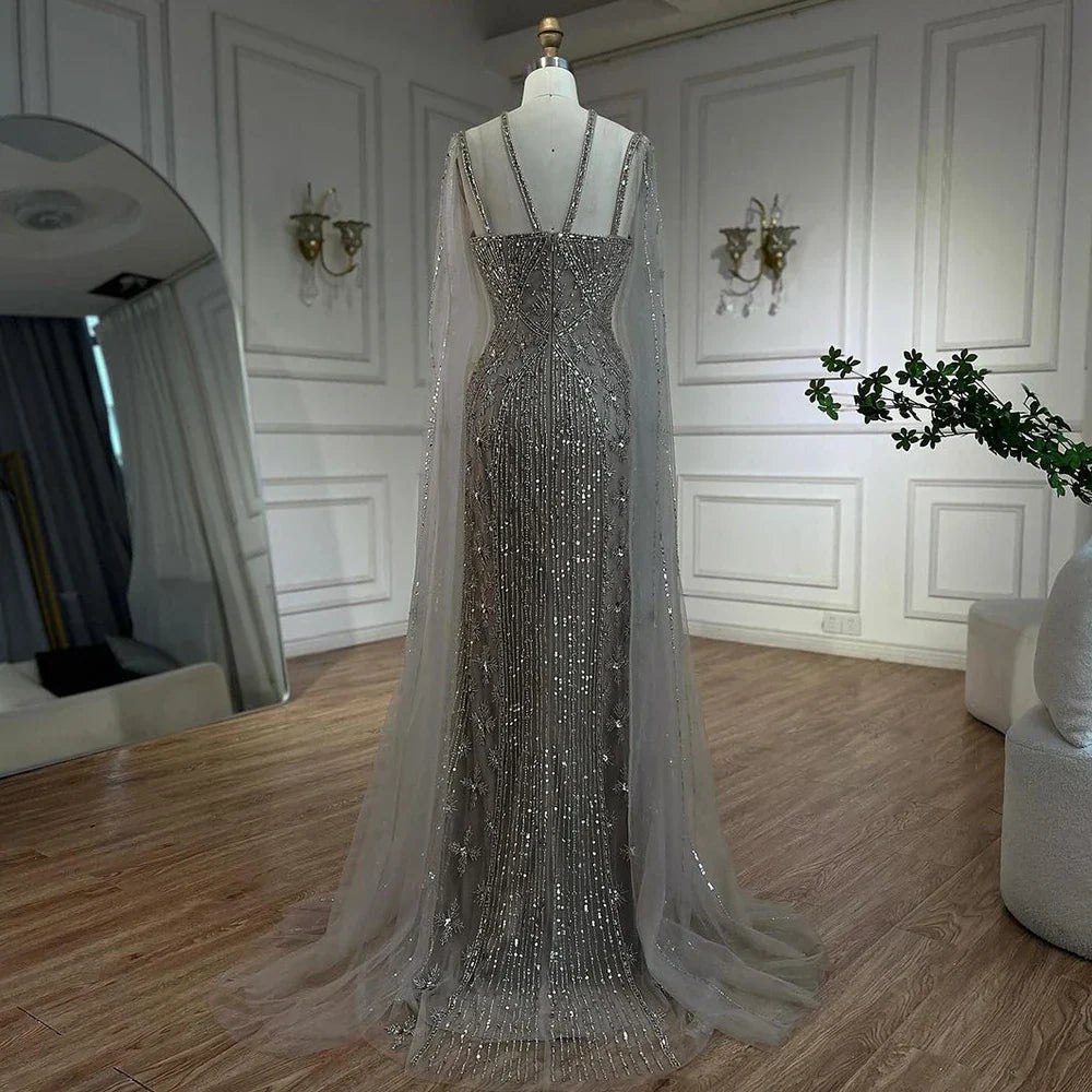 Caramel Elegant Cape Sleeves Beaded Mermaid Luxury Dubai Evening Dresses Gowns For Women Wedding Party 2025 LA71905B
