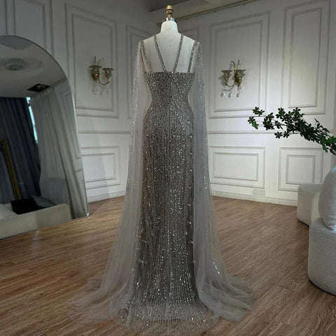 Caramel Elegant Cape Sleeves Beaded Mermaid Luxury Dubai Evening Dresses Gowns For Women Wedding Party 2025 LA71905B