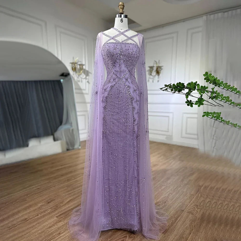 Caramel Elegant Cape Sleeves Beaded Mermaid Luxury Dubai Evening Dresses Gowns For Women Wedding Party 2025 LA71905B