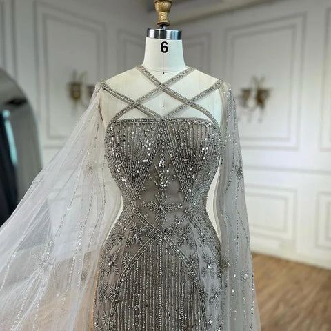 Caramel Elegant Cape Sleeves Beaded Mermaid Luxury Dubai Evening Dresses Gowns For Women Wedding Party 2025 LA71905B