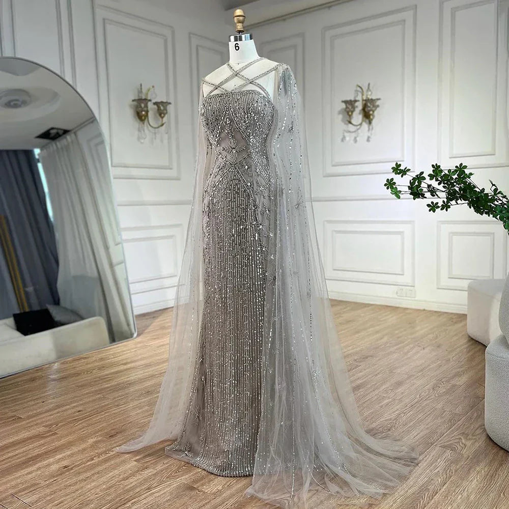 Caramel Elegant Cape Sleeves Beaded Mermaid Luxury Dubai Evening Dresses Gowns For Women Wedding Party 2025 LA71905B