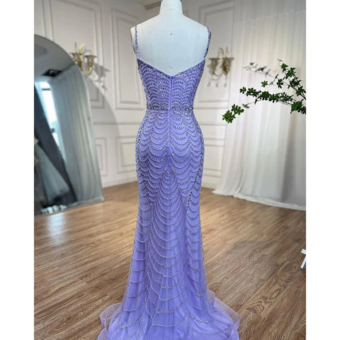 Robe de soirée sirène élégante en lilas à bretelles spaghetti fendues et perles, tenue de soirée de luxe arabe, pour une occasion formelle, 2025 LA72109 