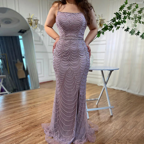 Robe de soirée sirène élégante en lilas à bretelles spaghetti fendues et perles, tenue de soirée de luxe arabe, pour une occasion formelle, 2025 LA72109 