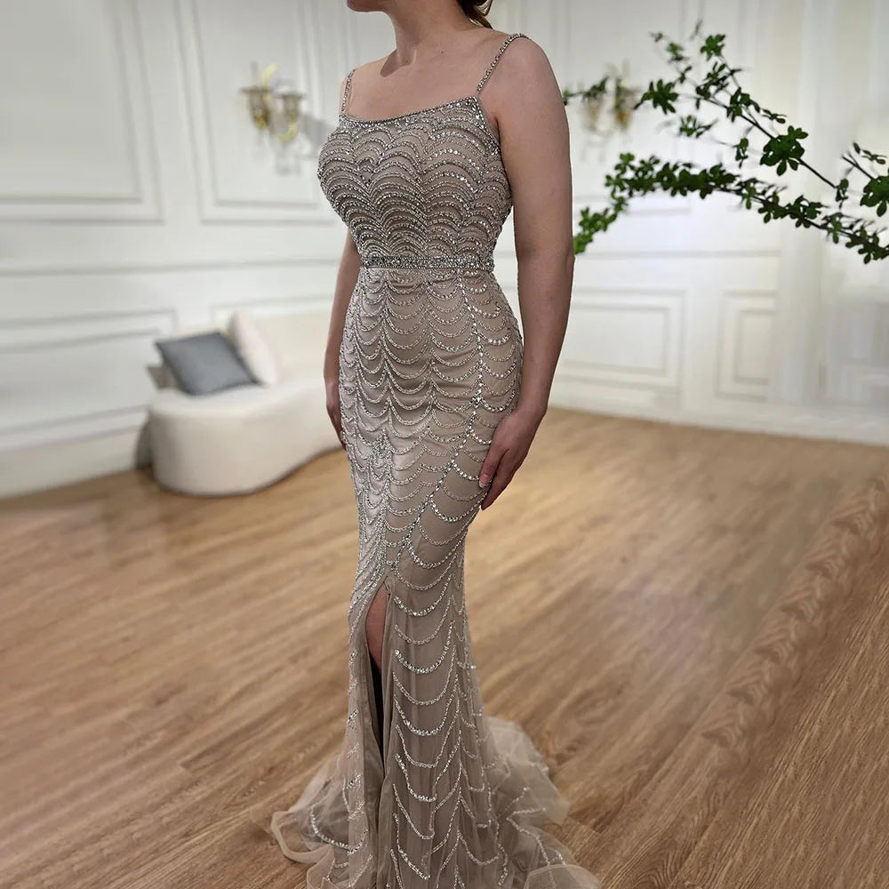 On Sale no return no refund Lilac Elegant Spaghetti Strap Split Beaded Formal Luxury Arabic Mermaid Evening Dresses for Formal Occasion 2025 LA72109