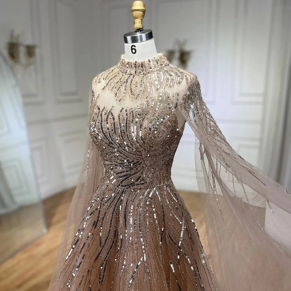 Caramel Luxury Evening Dresses with Cape Sleeves A-Line Beaded Lace Gown For Women's Wedding Party 2025 LA72386