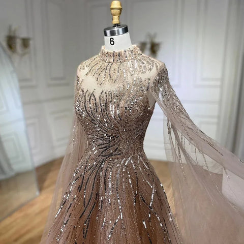 Caramel Luxury Evening Dresses with Cape Sleeves A-Line Beaded Lace Gown For Women's Wedding Party 2025 LA72386