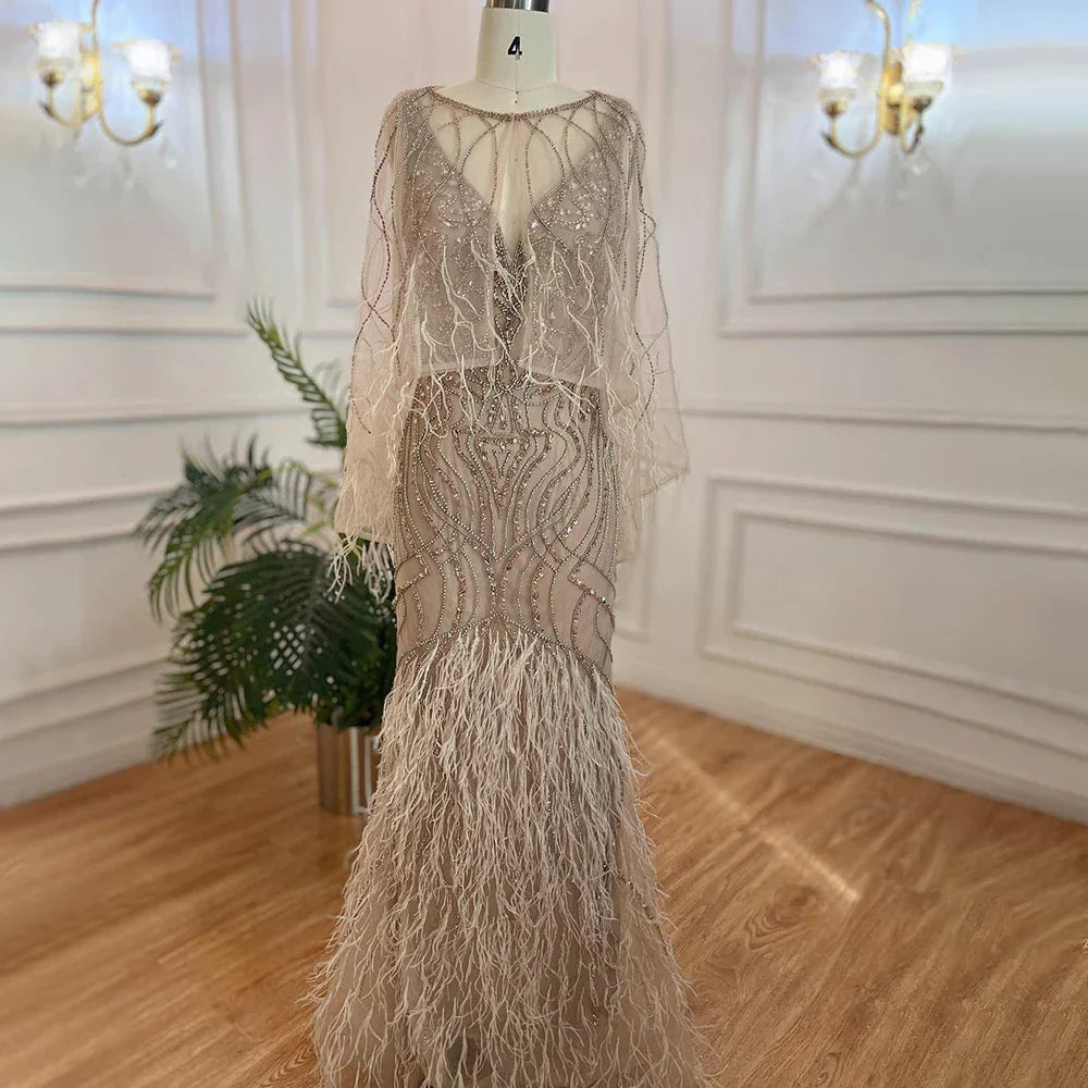 Caramel Mermaid Beaded Evening Dresses Gowns Feather Luxury Elegant For Woman Wedding Party 2025 LA71866