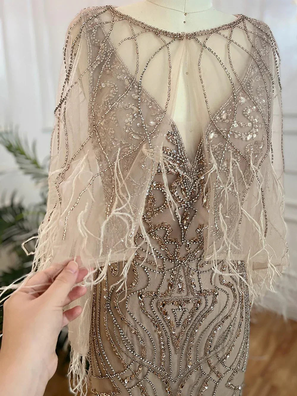 Caramel Mermaid Beaded Evening Dresses Gowns Feather Luxury Elegant For Woman Wedding Party 2025 LA71866