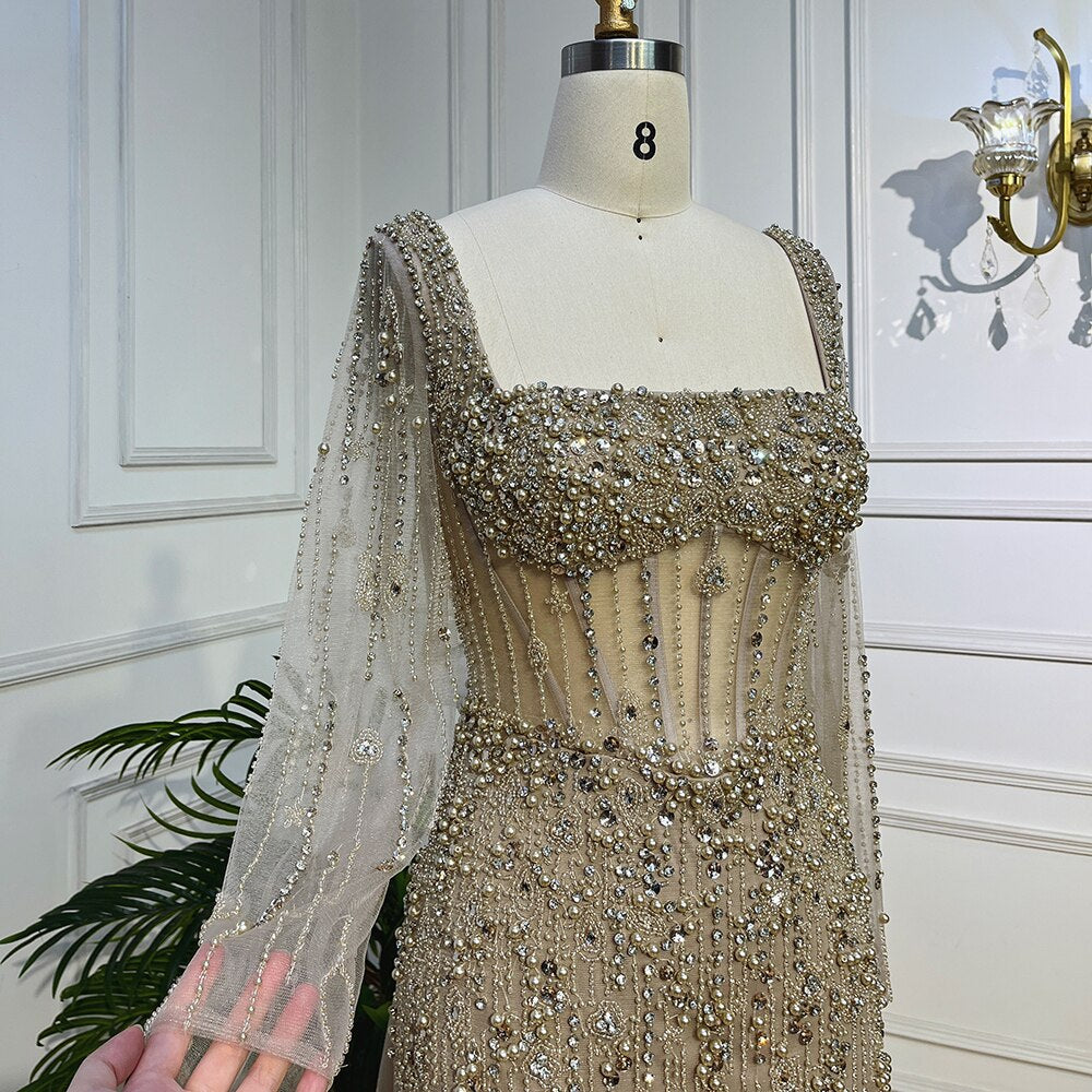 Caramel Mermaid Beads With Skirt Luxury Arabic Evening Dresses  Gowns For Women Wedding Party 2025 LA72014