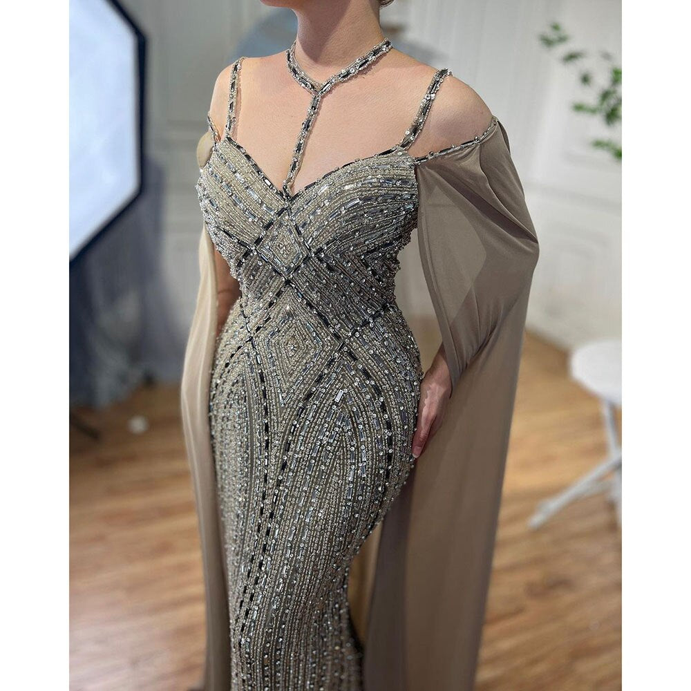 Caramel Mermaid Cape Sleeves Evening Dresses Luxury Beaded Arabic Party Gowns 2025 For Women LA72053A