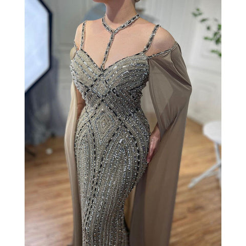 Caramel Mermaid Cape Sleeves Evening Dresses Luxury Beaded Arabic Party Gowns 2025 For Women LA72053A