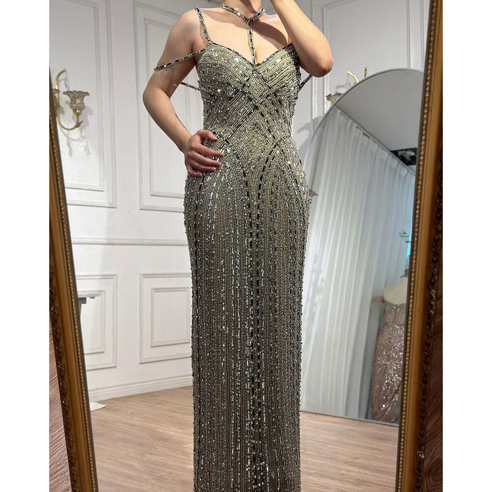Caramel Mermaid Cape Sleeves Evening Dresses Luxury Beaded Arabic Party Gowns 2025 For Women LA72053A